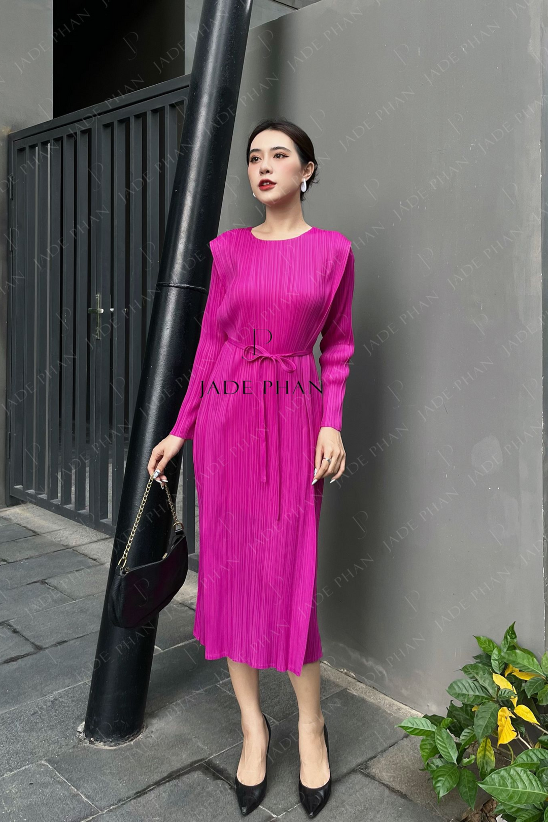 ELEGANCE Pleated Dress Long Sleeve - Medium Violet Red