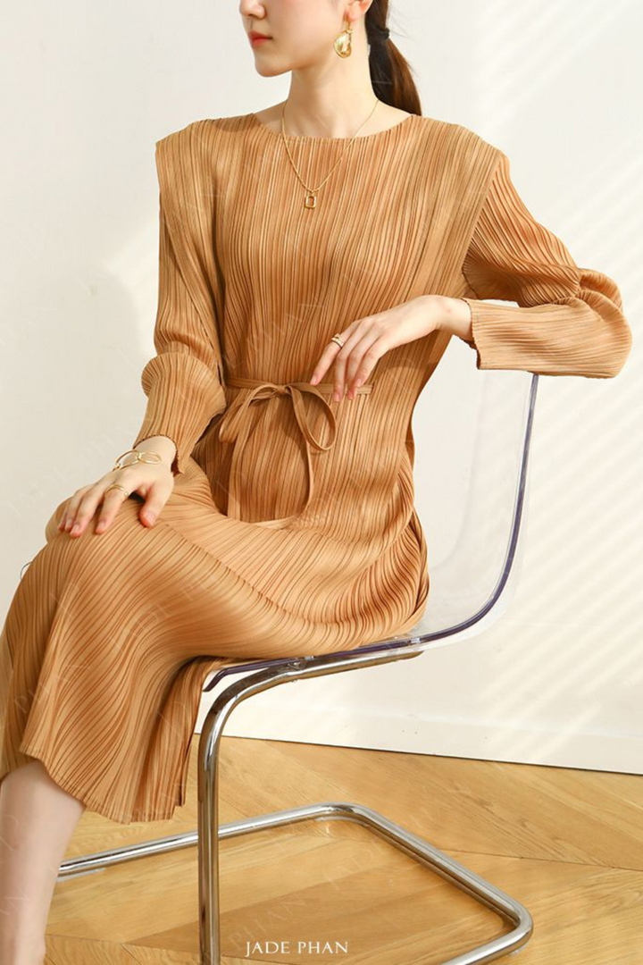 ELEGANCE Pleated Dress Long Sleeve - Copper
