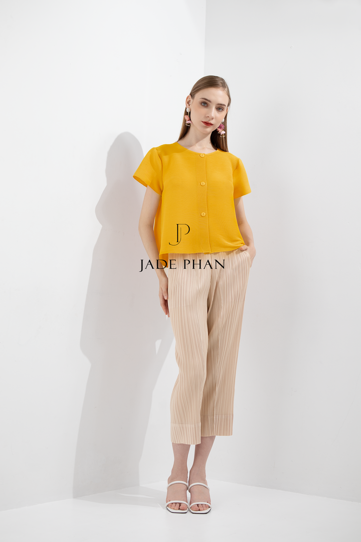 SET AIME'E Pleated Top Yellow & Daisy Pleated Pants Bisque