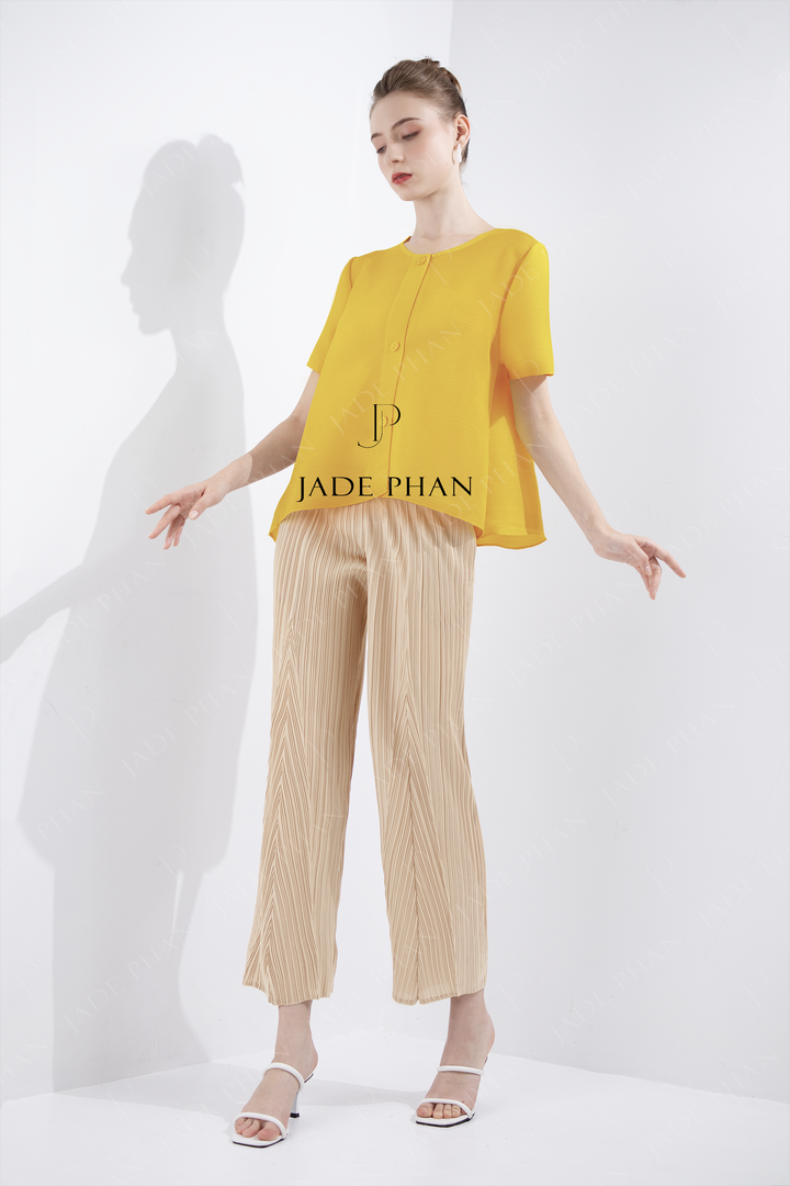SET AIME'E Pleated Top Yellow & KATLE Pleated Pants Bisque